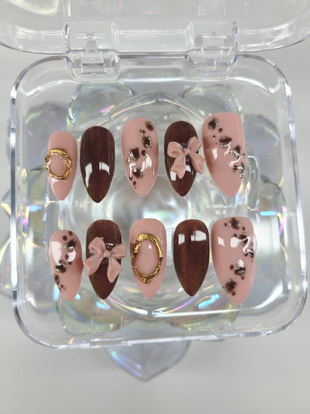 Size- Small-Pink & Brown Bow Accent Press-On Nails - Elegant Women's Nail Set